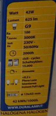 Dura G9 Halogen pære 42W = 55W