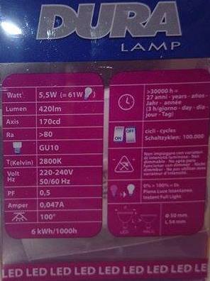 Dura LED 5,5W GU10 =61w Diffust lys