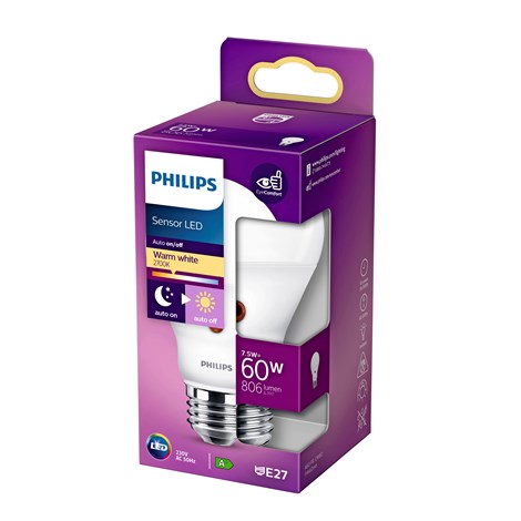 Philips LED E27 7,5W Mat Skumringssensor