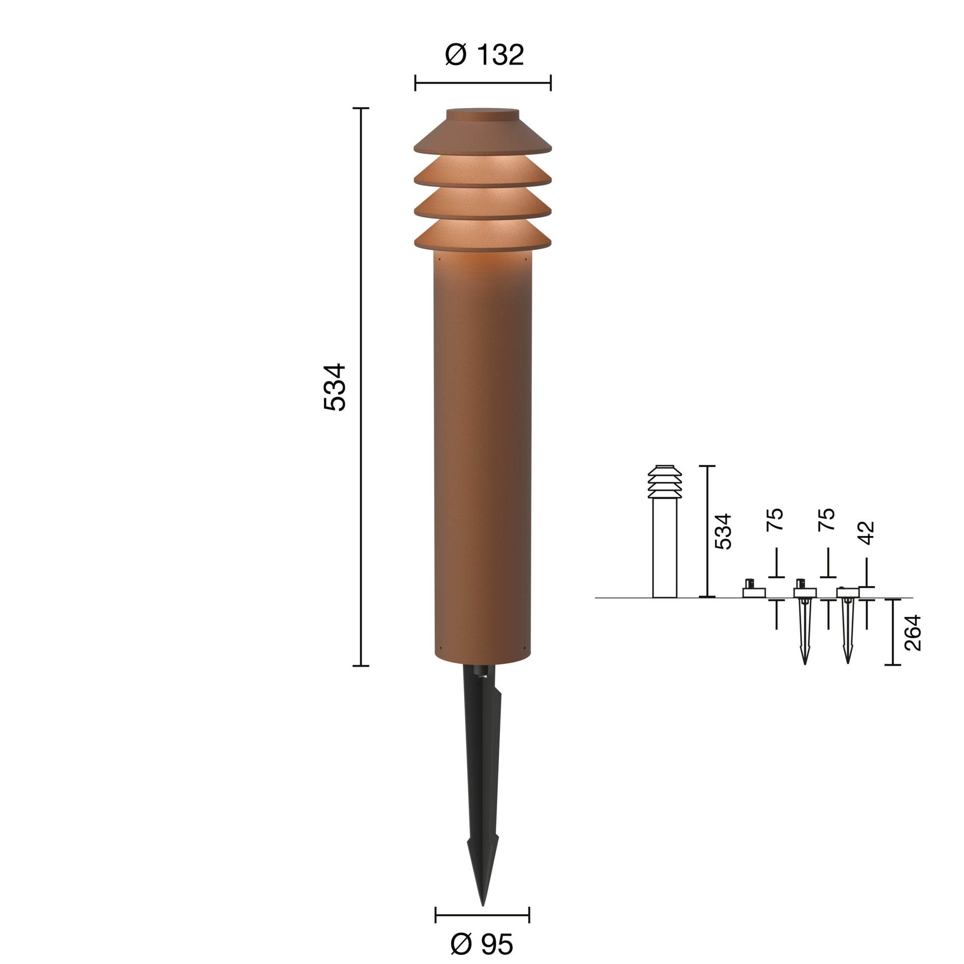 Bysted Garden Pullert Spyd Lang u/Adaptor Corten 2700K